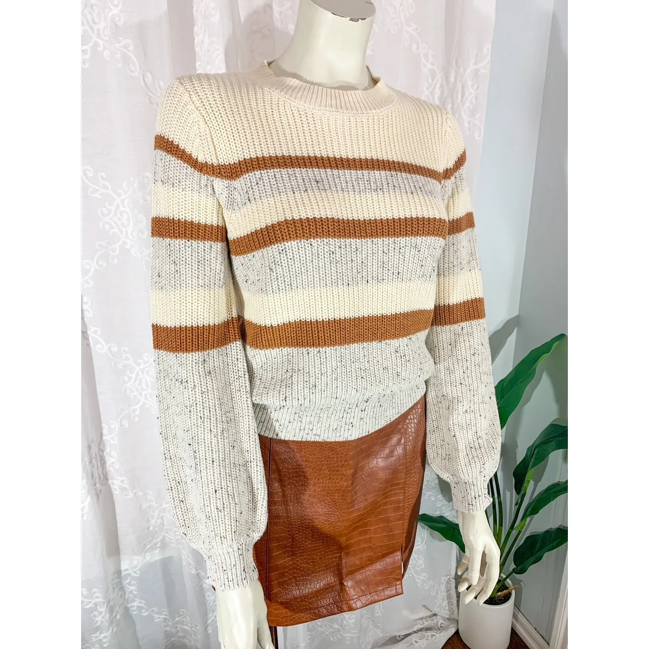 Give Me All Cozy Striped Knit Sweater - Cream Camel