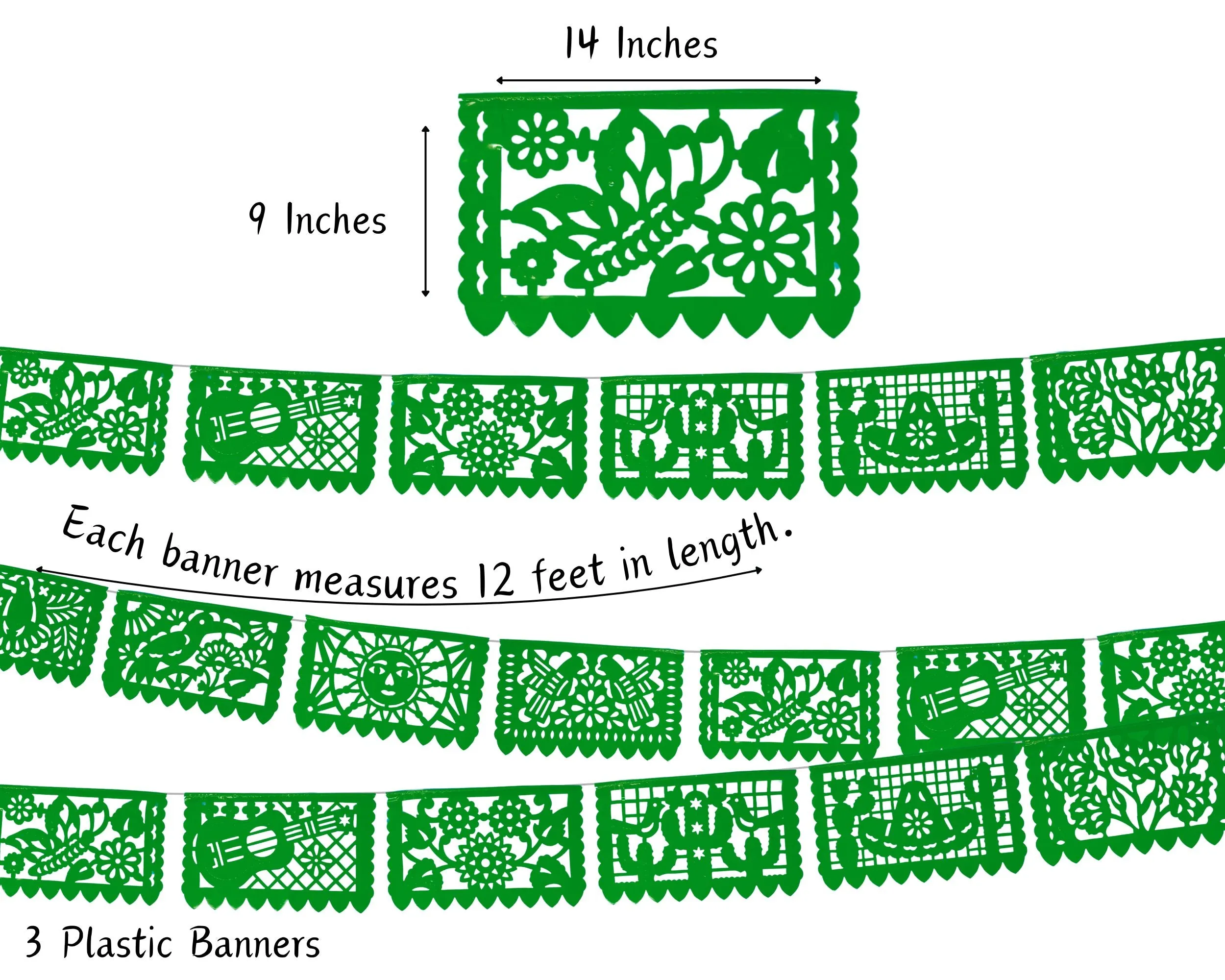 Green Plastic Papel picado banners, 3 pk 36ft