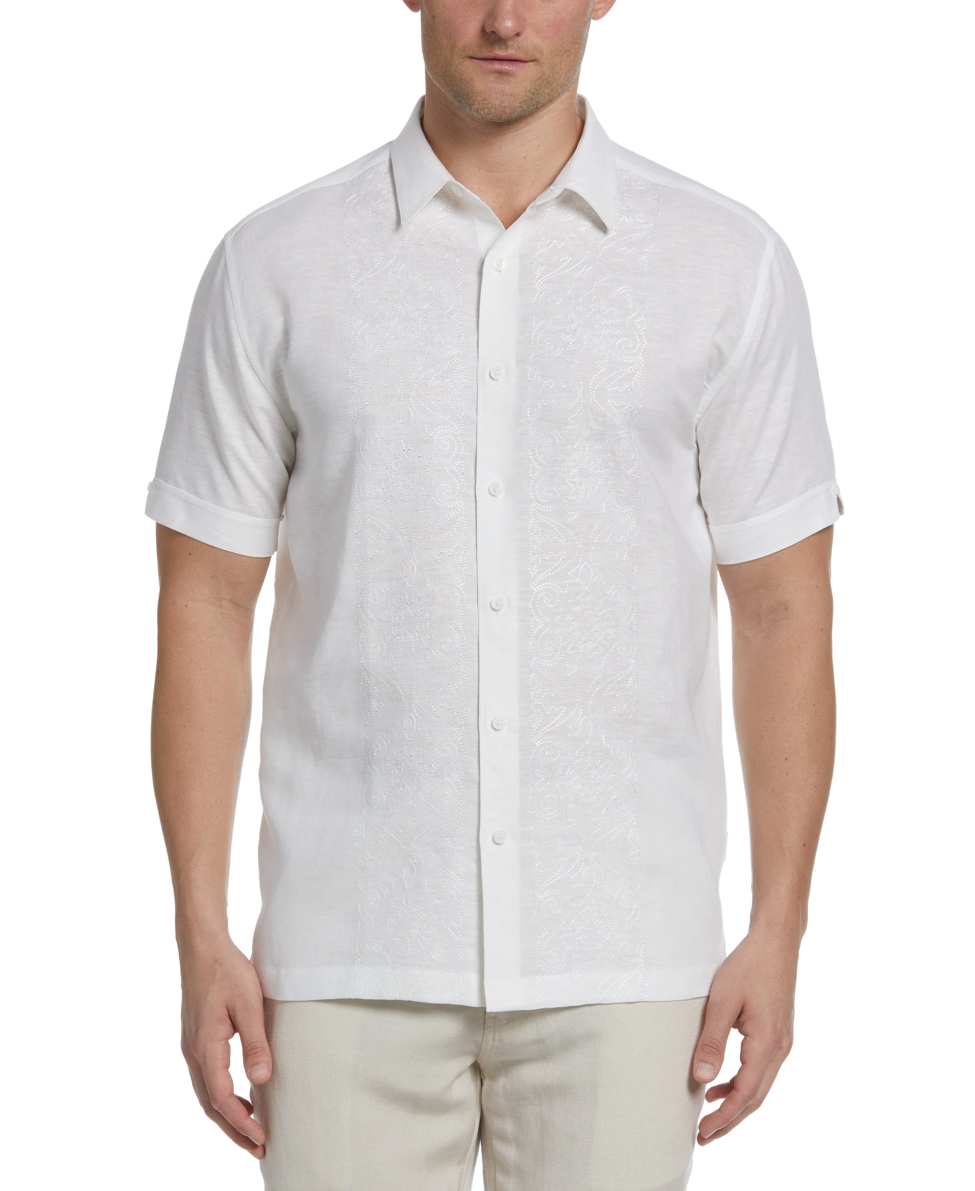 Linen Blend Tonal Embroidered Panel Shirt
