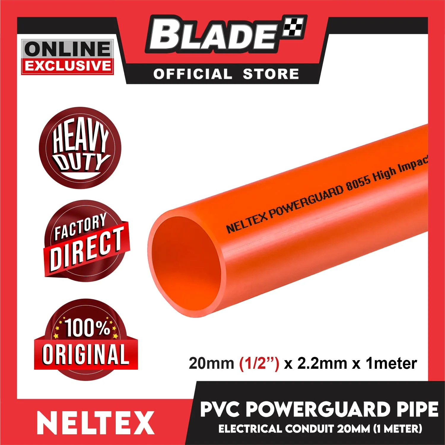Neltex PVC Powerguard Pipe (Orange) 20mm x 1meter Electrical Conduit