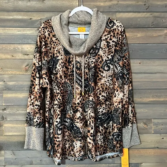 New Ruby Rd Woman Cozy Mixed Animal Print Sweater Women’s Size 1X in Oat Multi