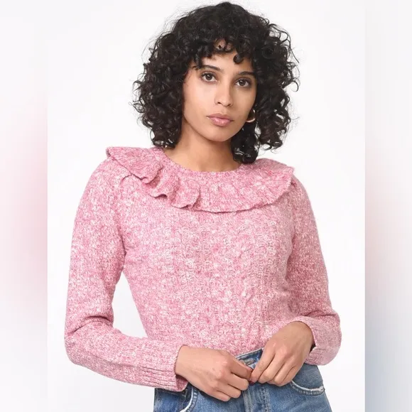 NWT Greylin Claris Cozy Lurex Knit Sweater Collar Ruffle Pink Sparkle Medium