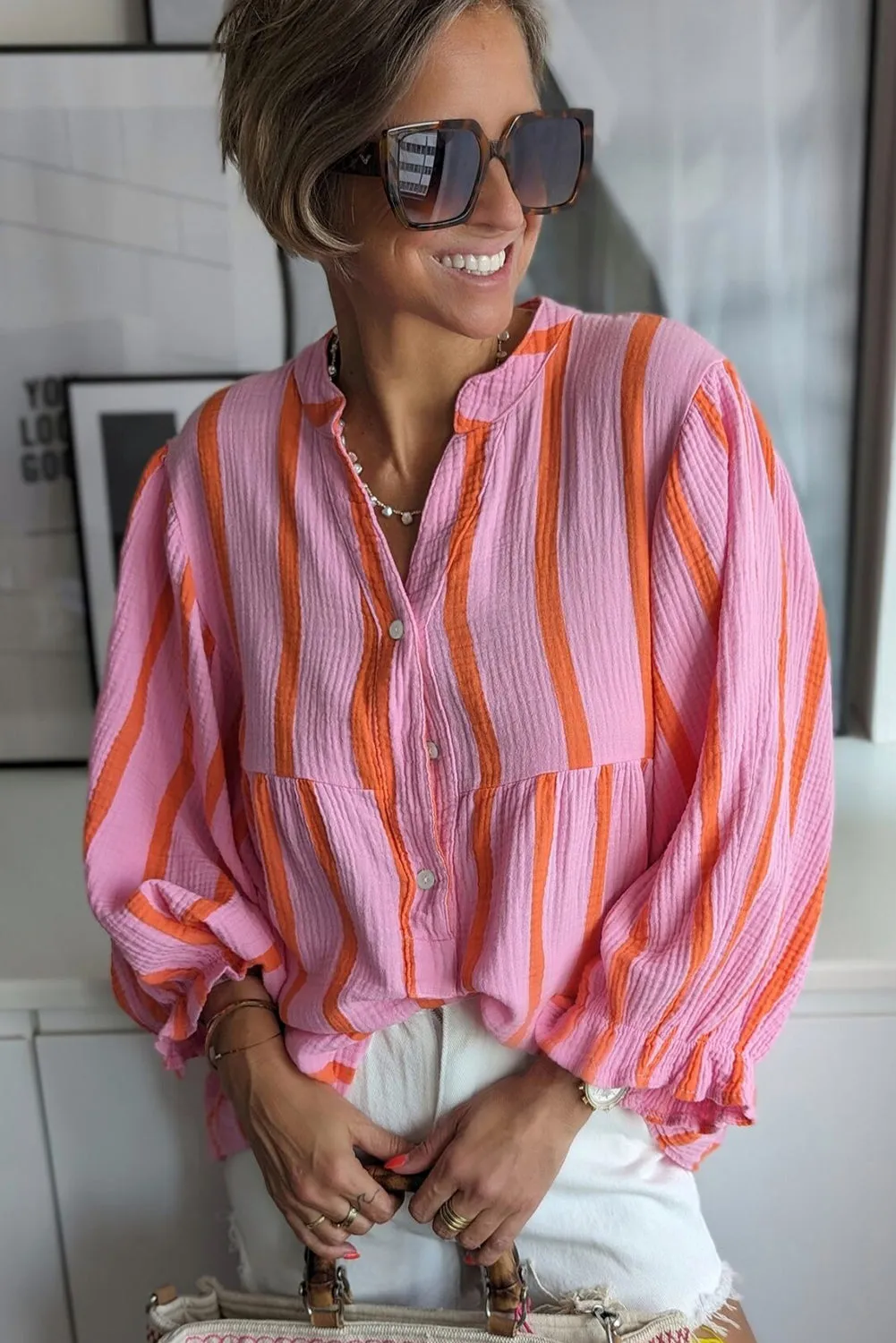 Orange Striped Crinkled Gauze Ruffled Sleeve Button-Up Loose Shirt