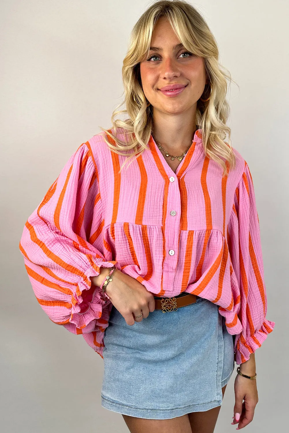 Orange Striped Crinkled Gauze Ruffled Sleeve Button-Up Loose Shirt