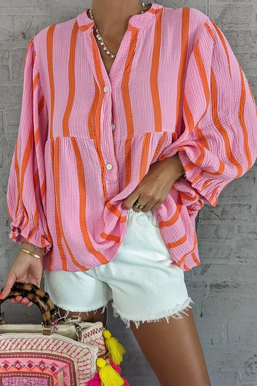 Orange Striped Crinkled Gauze Ruffled Sleeve Button-Up Loose Shirt
