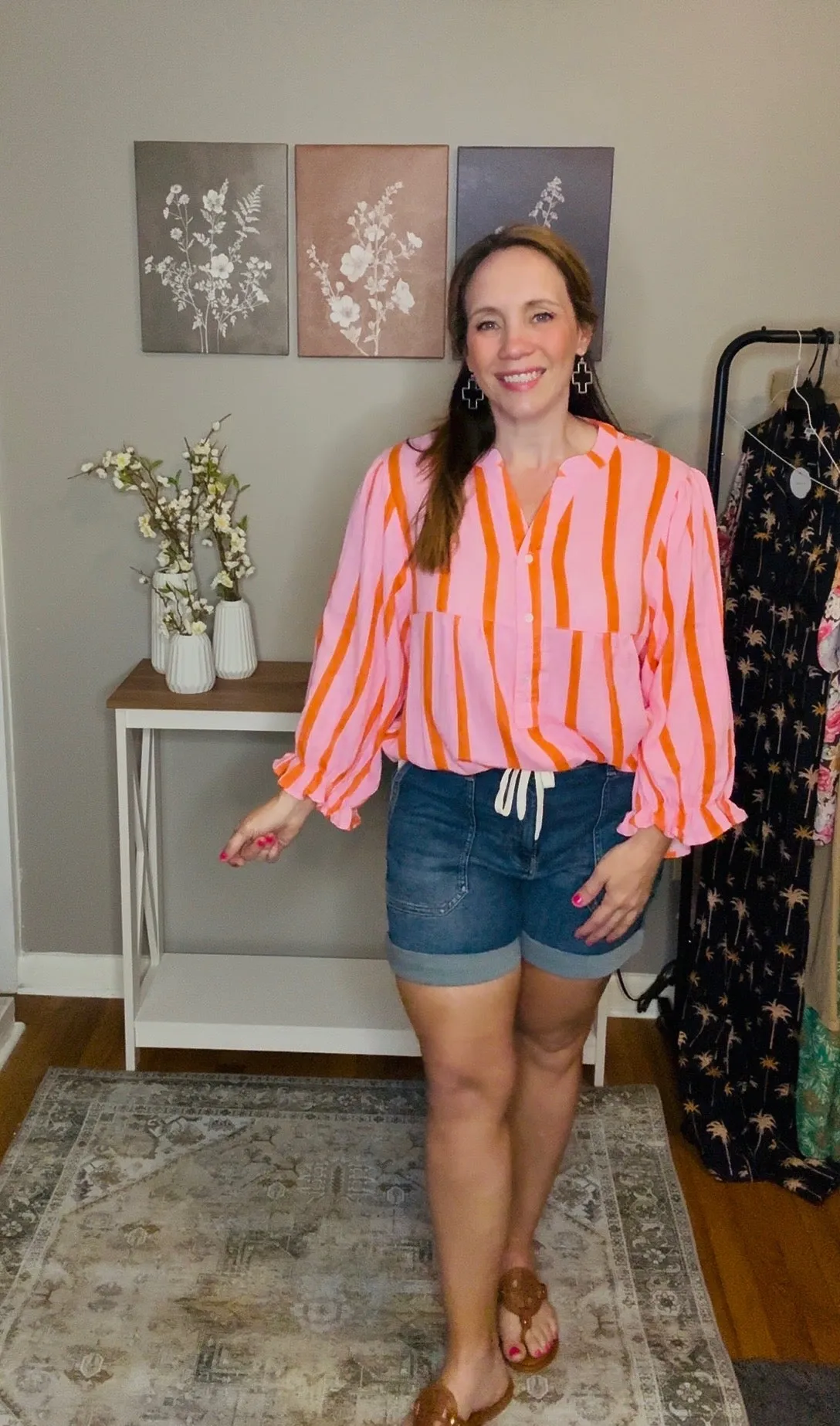 Orange Striped Crinkled Gauze Ruffled Sleeve Button-Up Loose Shirt