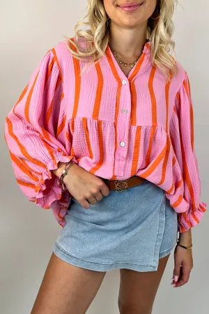 Orange Striped Crinkled Gauze Ruffled Sleeve Button-Up Loose Shirt