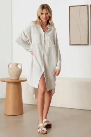 Oversized Pocket High-Low Hem Linen Shirt Dress