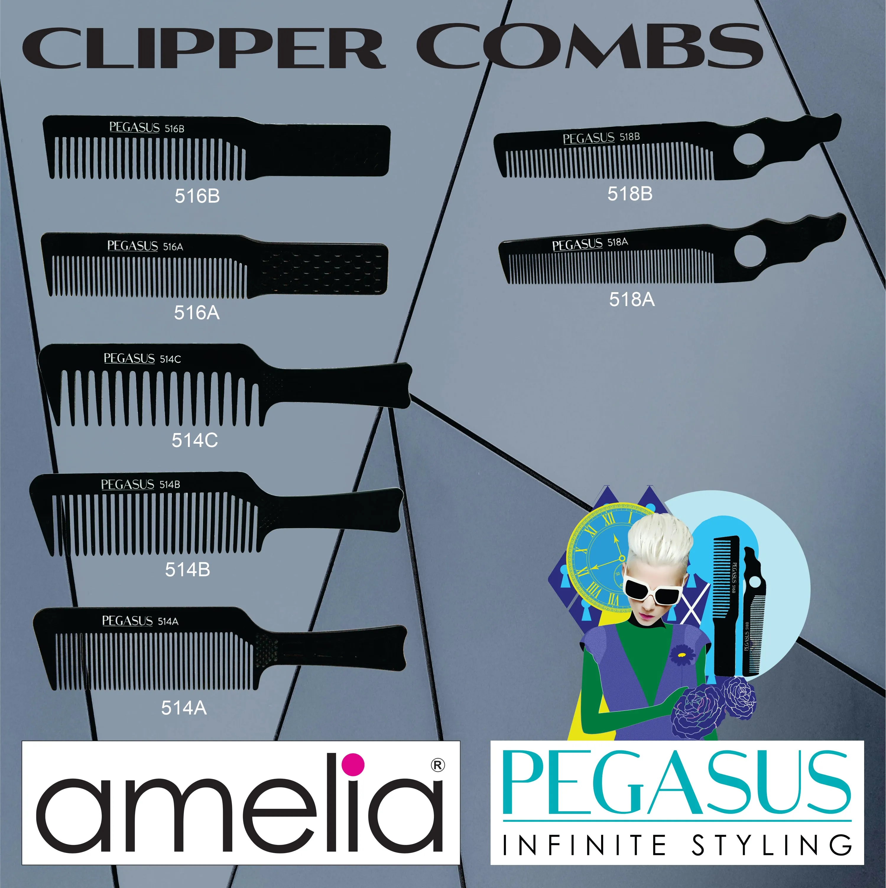 Pegasus 514B, 8.75in Hard Rubber Flattop Butch Comb, Handmade, Seamless, Smooth Edges, Anti Static, Heat and Chemically Resistant Comb | Peines de goma dura - Black