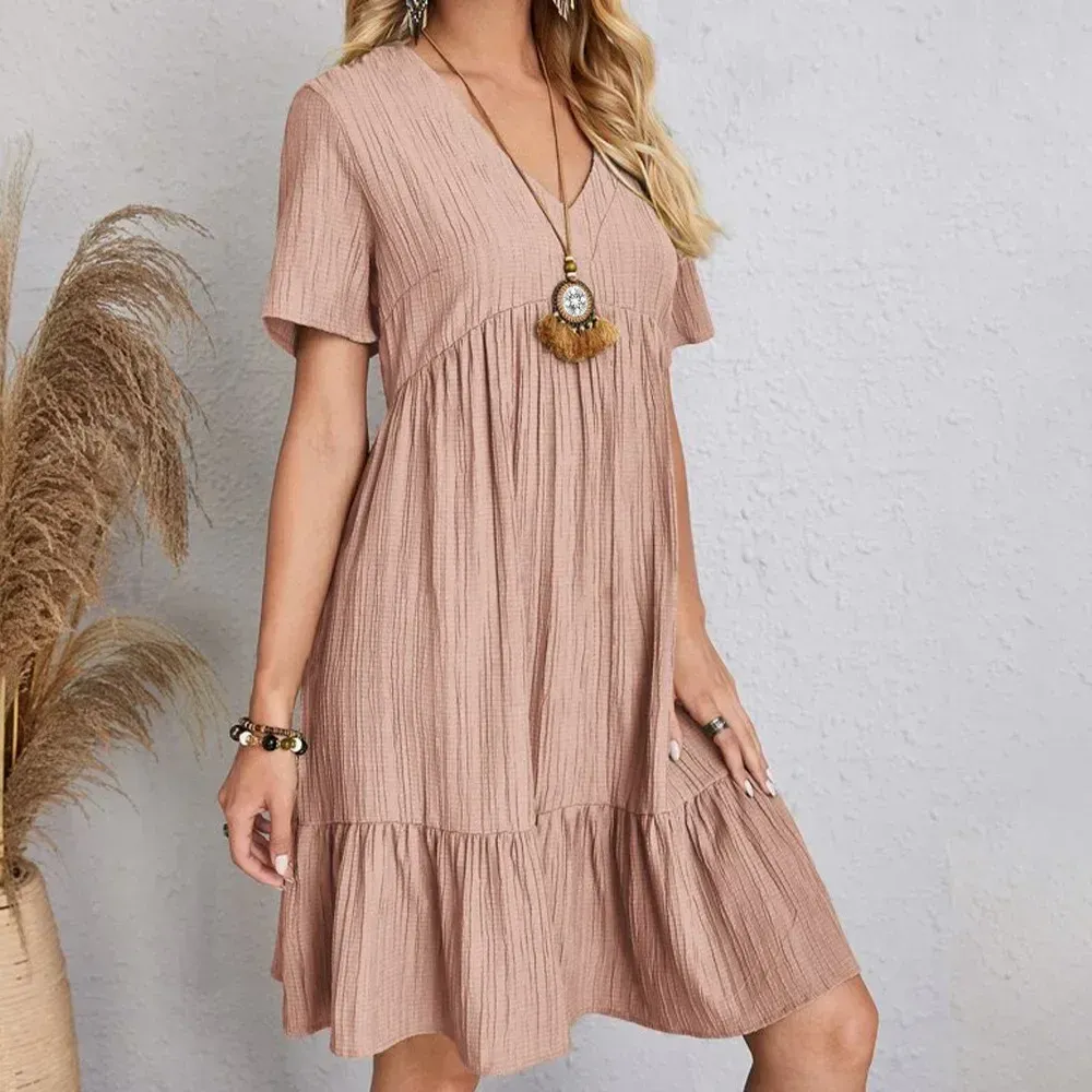 Plus Size Belted V-Neck Short Sleeve Summer Dress – European Casual Short Sleeve Elegant Maxi for Stylish Curvy Women