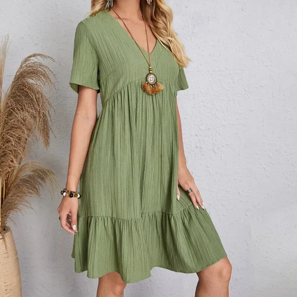 Plus Size Belted V-Neck Short Sleeve Summer Dress – European Casual Short Sleeve Elegant Maxi for Stylish Curvy Women