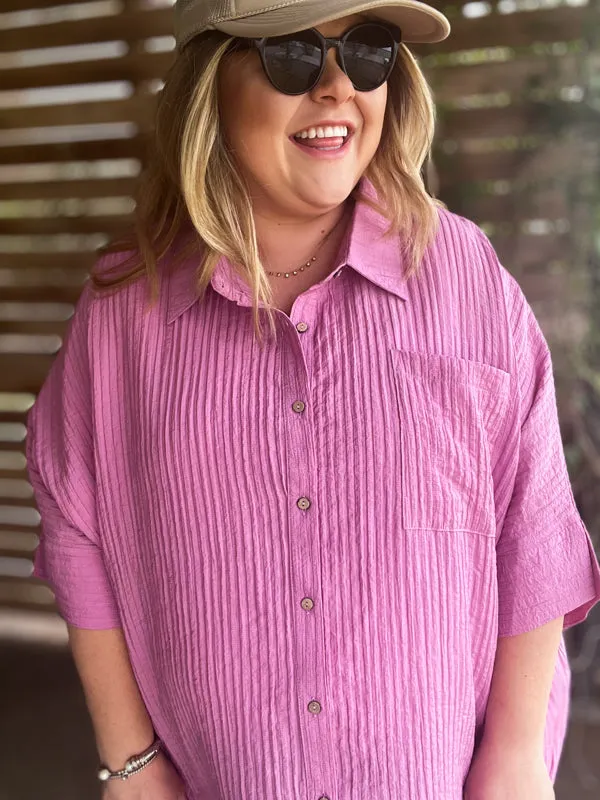 "Summertime Sunshine" Curvy Mauve Pleated Button Up