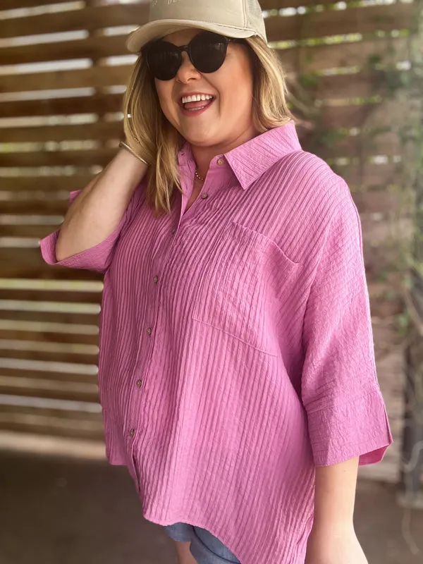 "Summertime Sunshine" Curvy Mauve Pleated Button Up