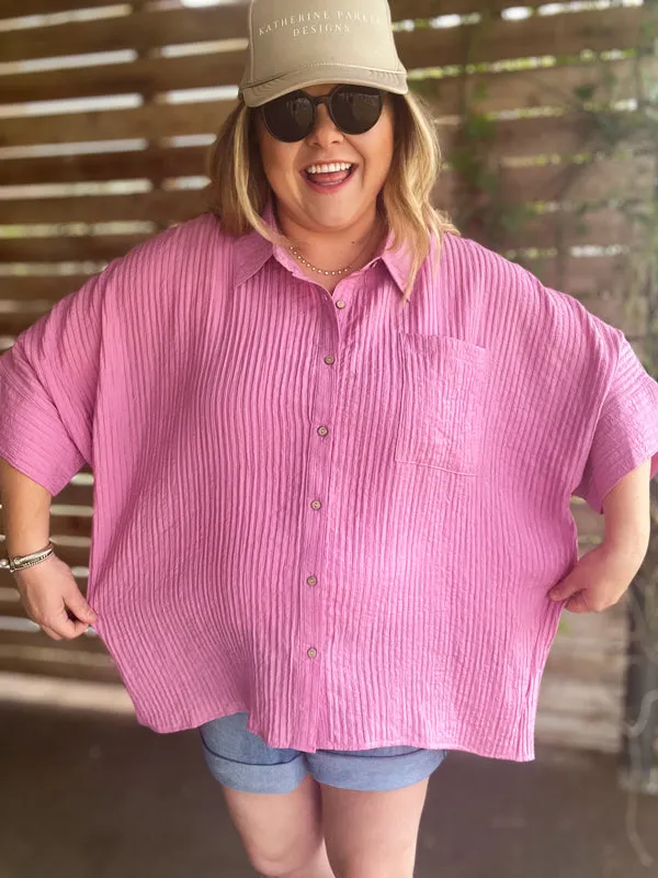 "Summertime Sunshine" Curvy Mauve Pleated Button Up