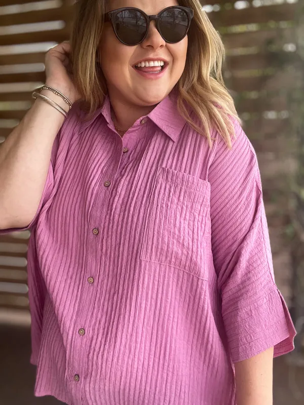 "Summertime Sunshine" Curvy Mauve Pleated Button Up