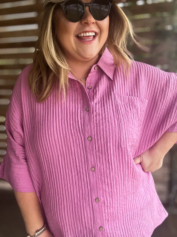 "Summertime Sunshine" Curvy Mauve Pleated Button Up