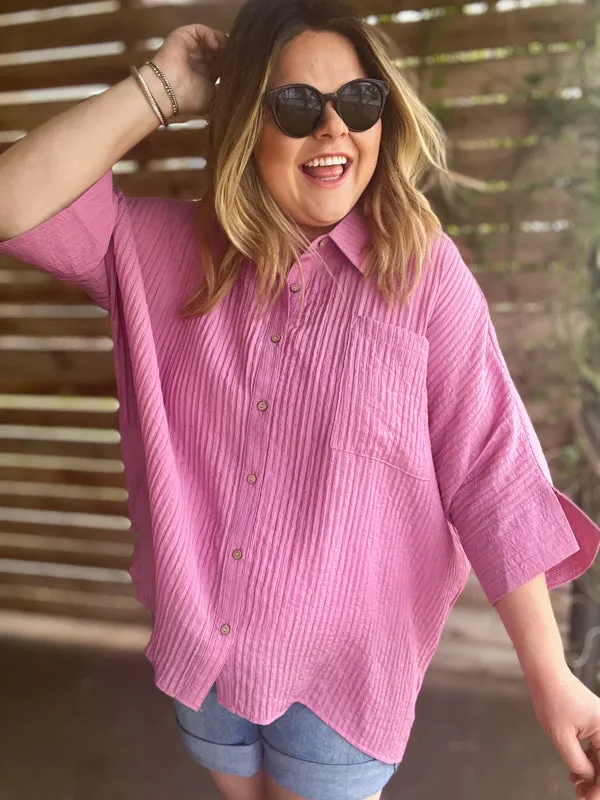 "Summertime Sunshine" Curvy Mauve Pleated Button Up