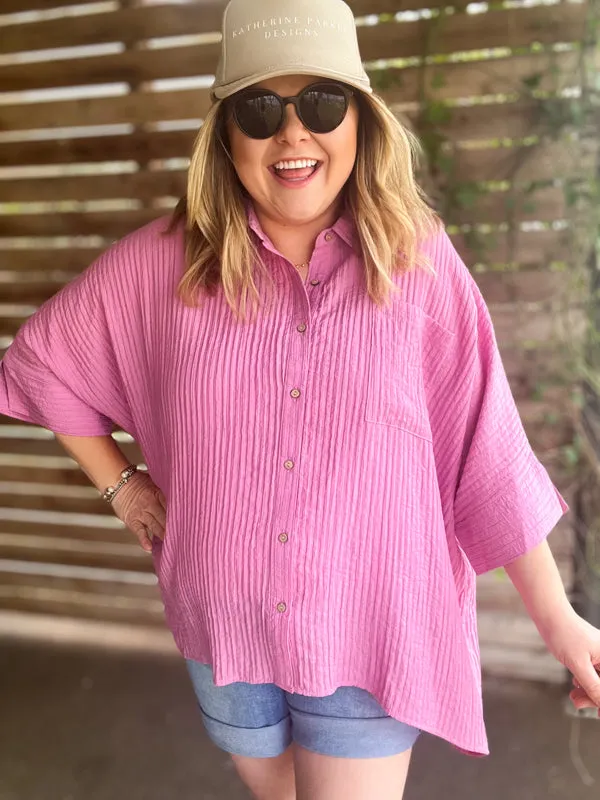 "Summertime Sunshine" Curvy Mauve Pleated Button Up