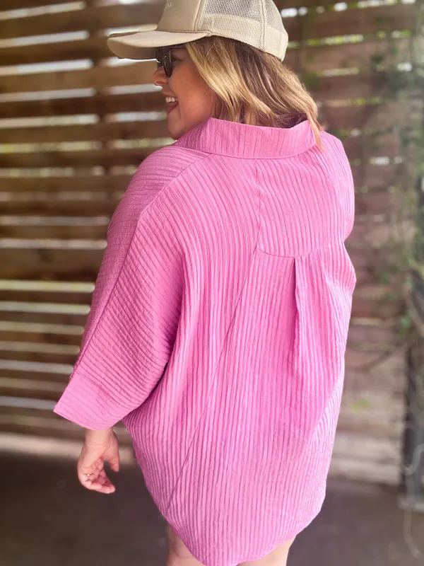 "Summertime Sunshine" Curvy Mauve Pleated Button Up