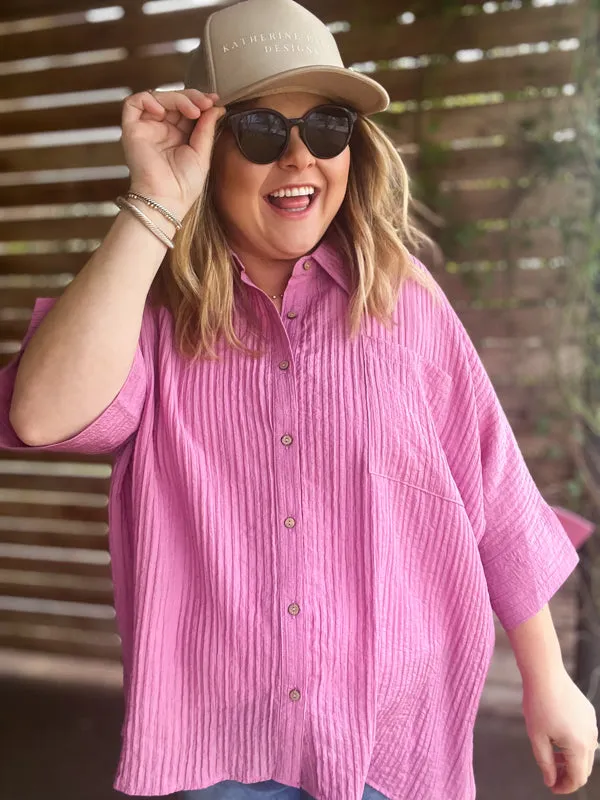 "Summertime Sunshine" Curvy Mauve Pleated Button Up