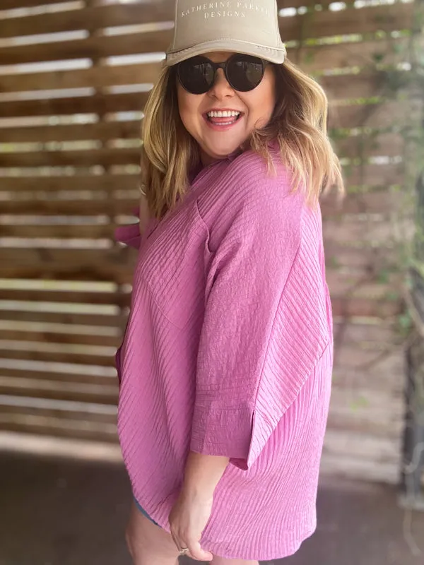 "Summertime Sunshine" Curvy Mauve Pleated Button Up