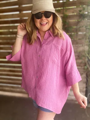"Summertime Sunshine" Curvy Mauve Pleated Button Up