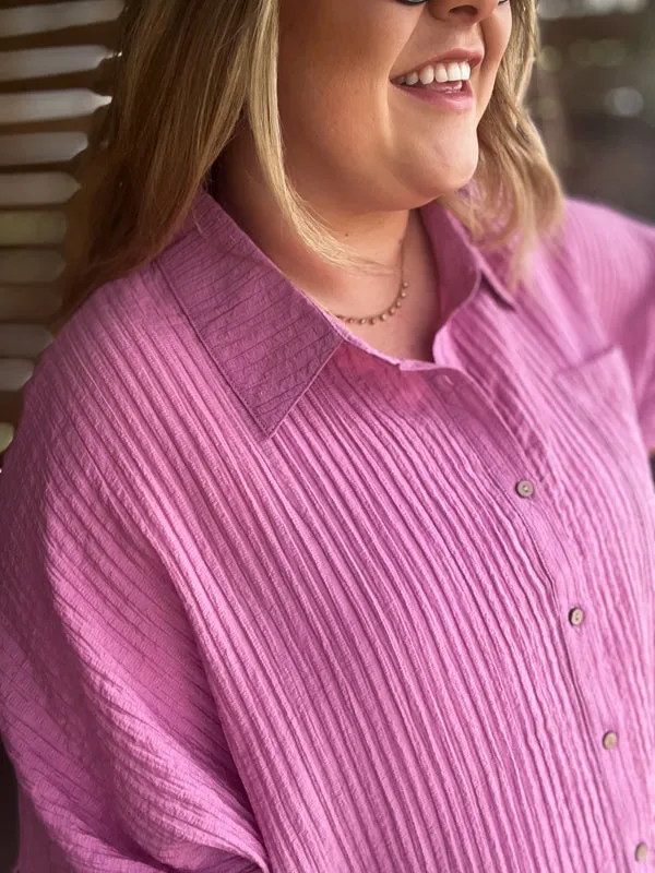"Summertime Sunshine" Curvy Mauve Pleated Button Up