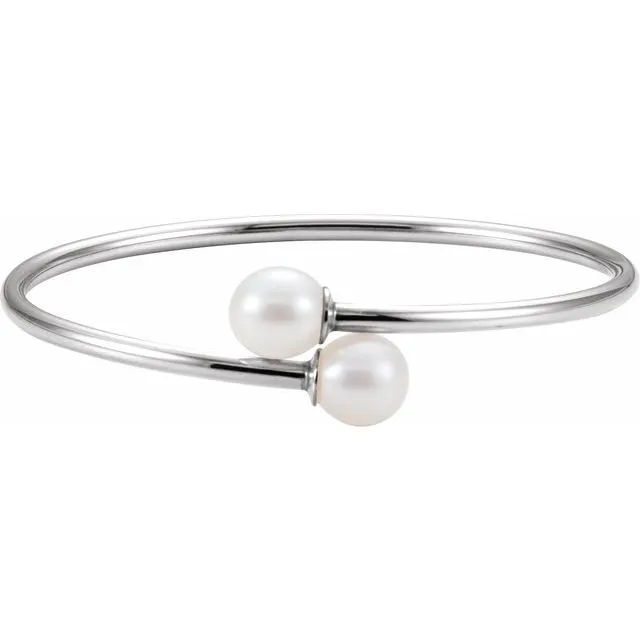 Sterling Silver 9.5 mm White Pearl Flexible Bangle Bracelet