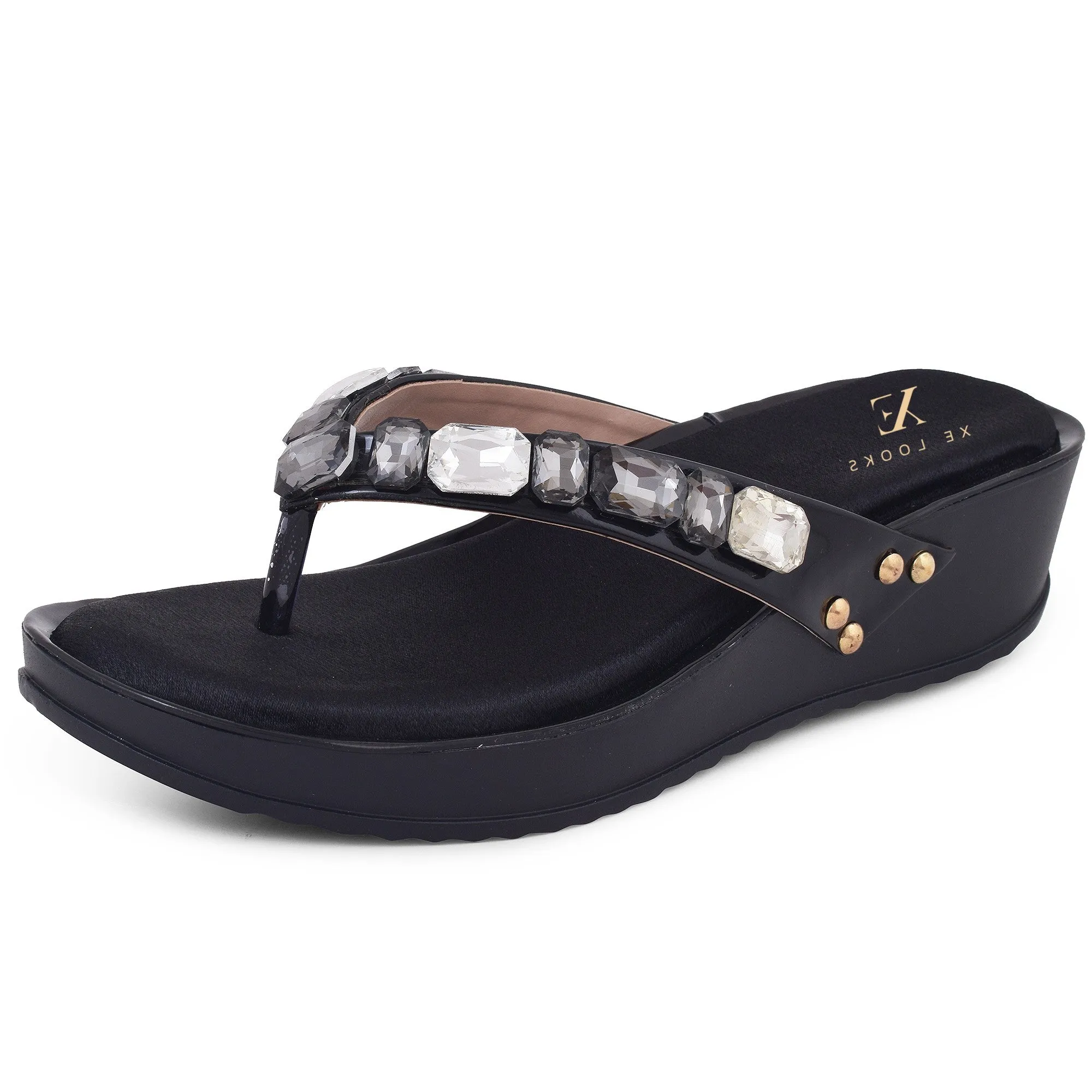 Stone Embellished Versatile Pearly Wedge Slippers