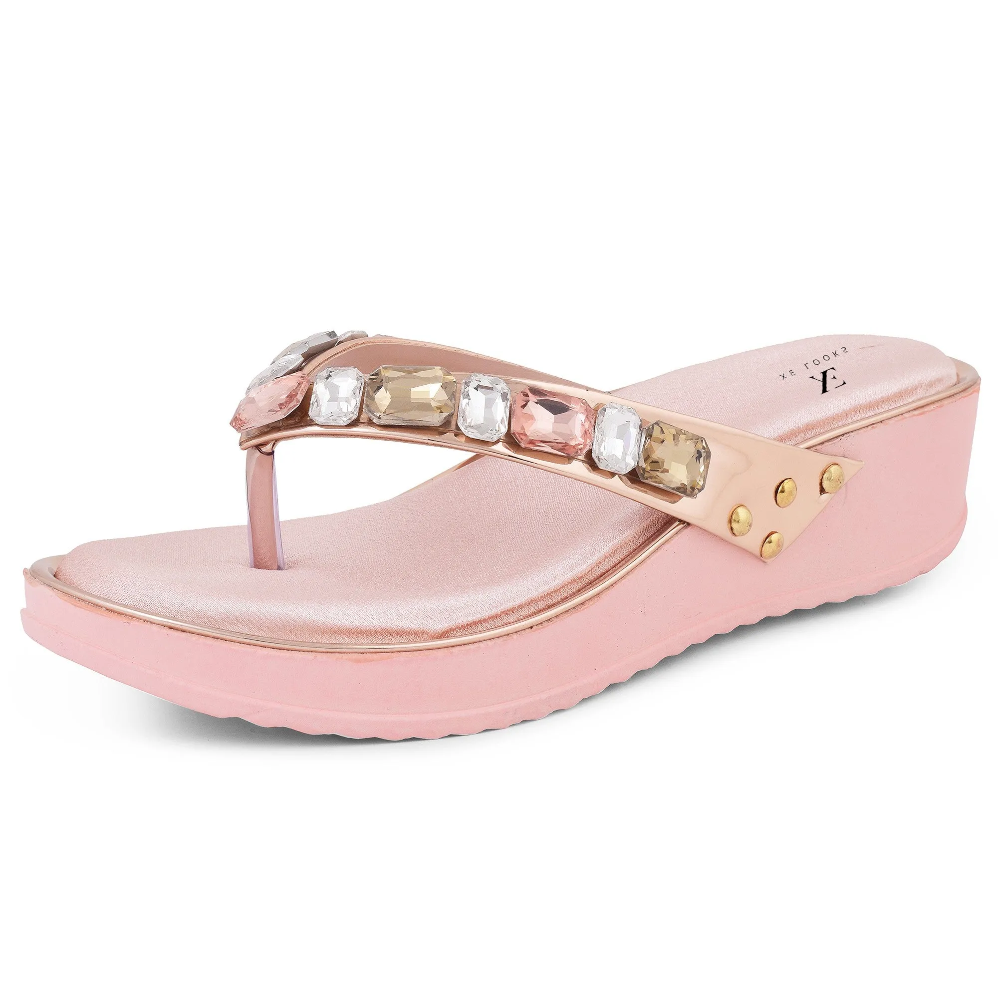Stone Embellished Versatile Pearly Wedge Slippers
