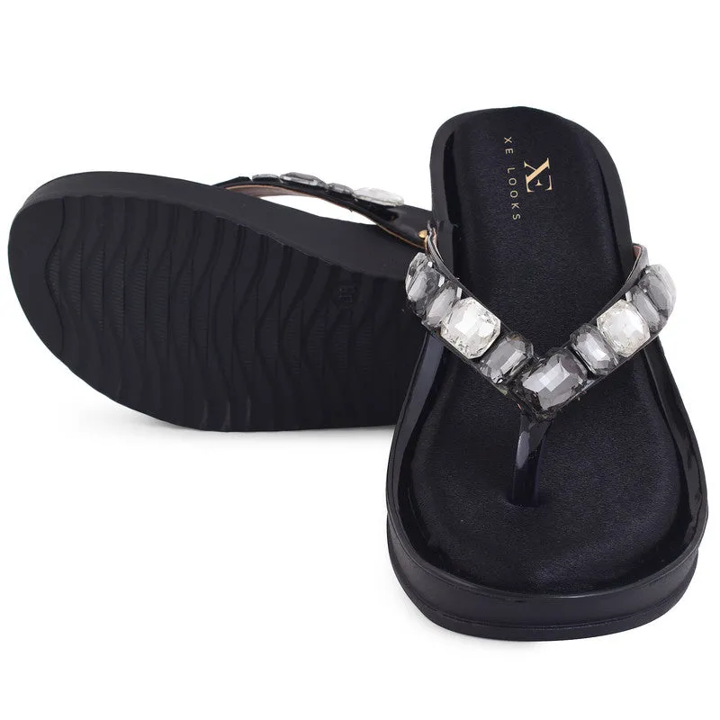 Stone Embellished Versatile Pearly Wedge Slippers