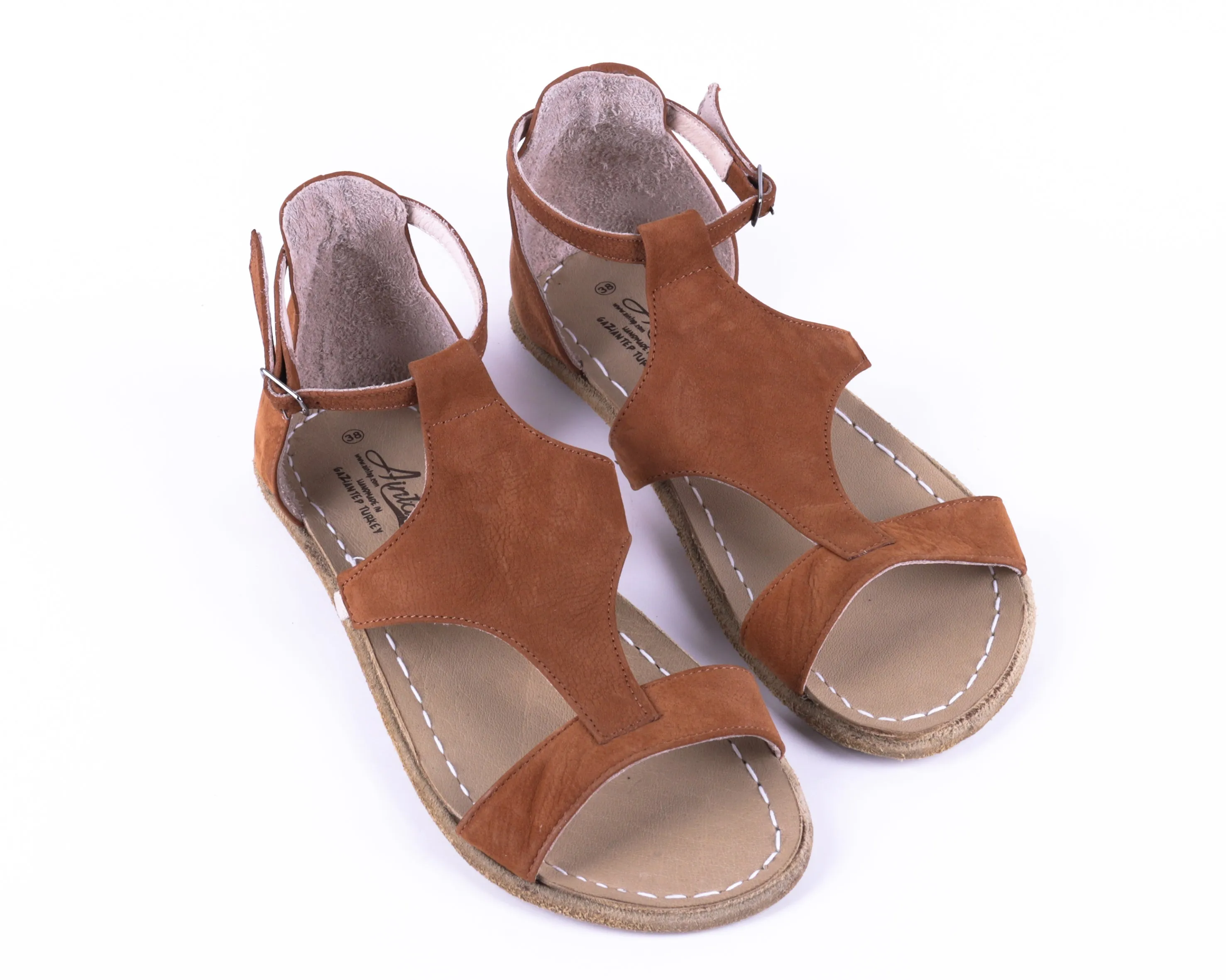 Tan Women Buckle Slipper Wide Barefoot Nubuck Leather Handmade