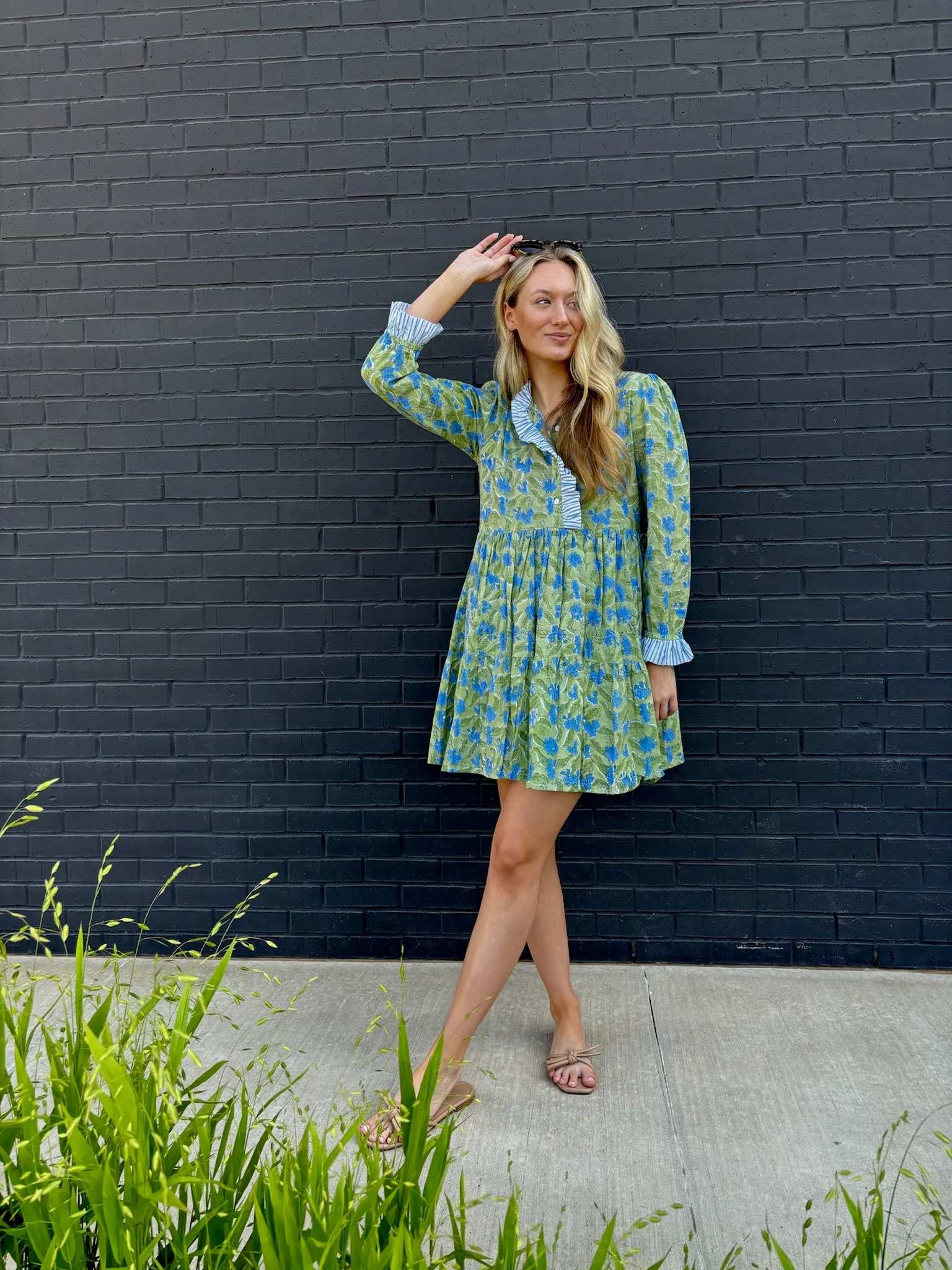The Anndee short dress in green and blue Freesia block print