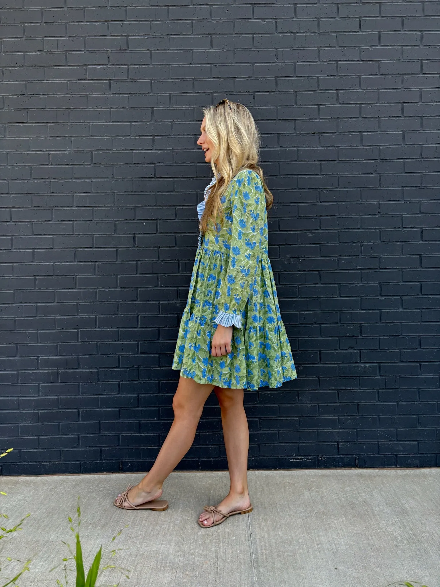 The Anndee short dress in green and blue Freesia block print
