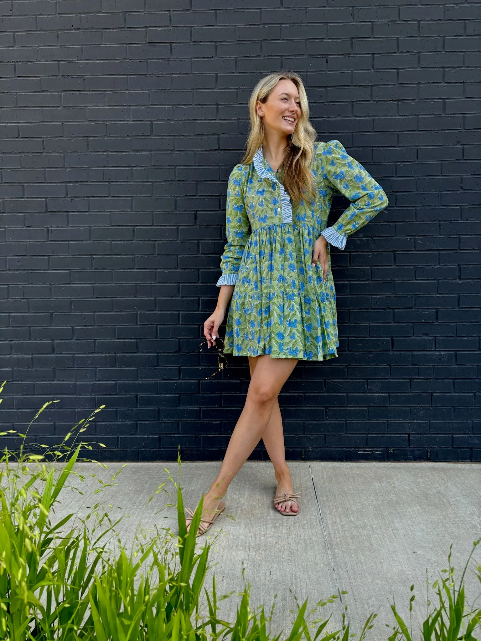The Anndee short dress in green and blue Freesia block print