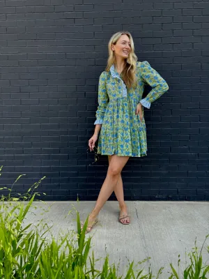 The Anndee short dress in green and blue Freesia block print