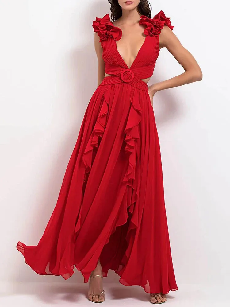 VGH Hit Color Printing Hollow Out Dresses For Women V Neck Sleeveless Backless High Waist Spliced Lace Up Dress Female Fashion