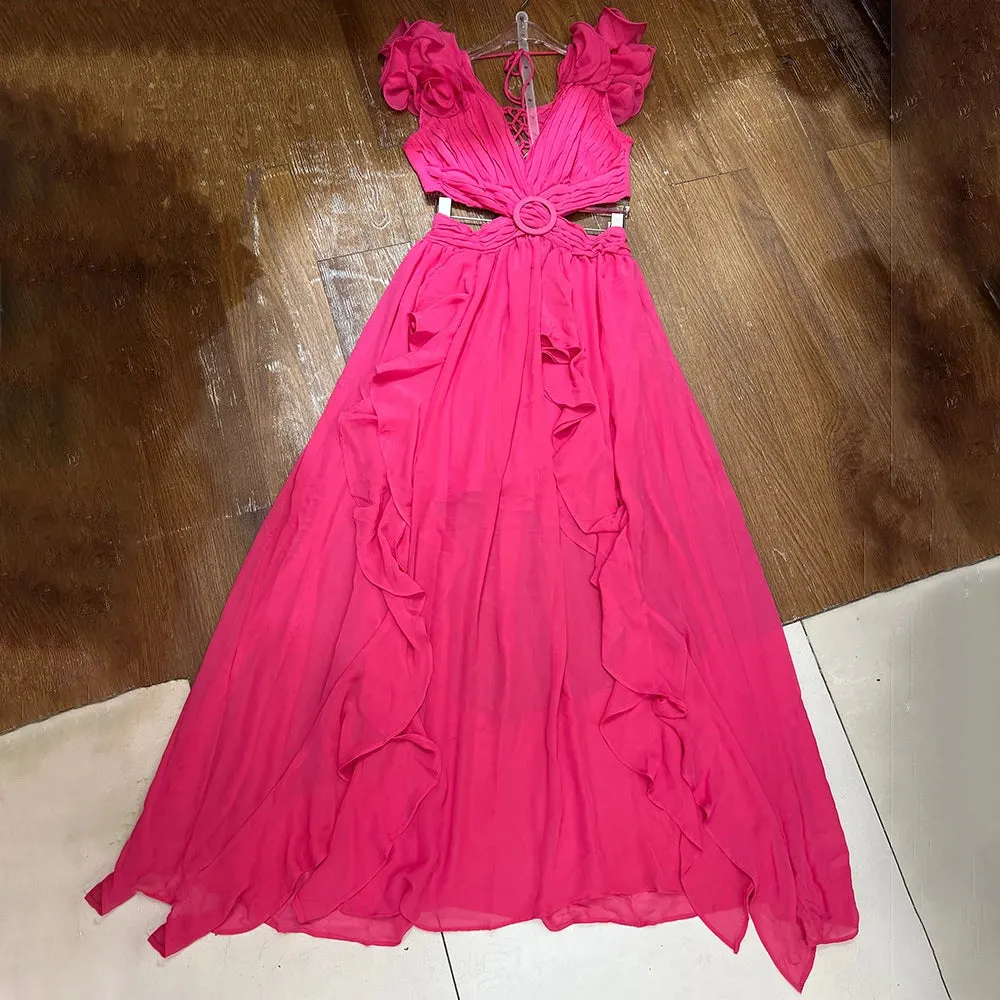 VGH Hit Color Printing Hollow Out Dresses For Women V Neck Sleeveless Backless High Waist Spliced Lace Up Dress Female Fashion