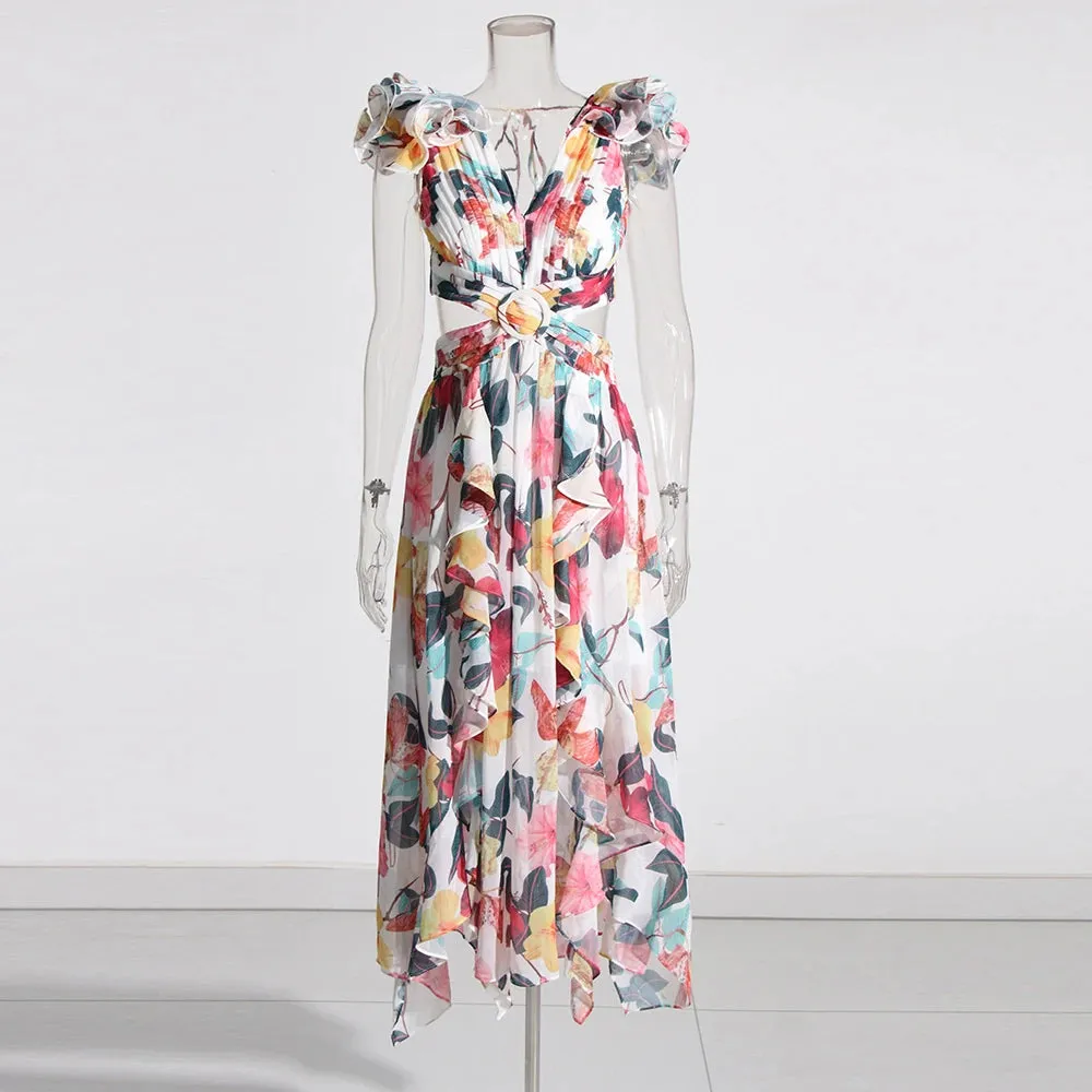 VGH Hit Color Printing Hollow Out Dresses For Women V Neck Sleeveless Backless High Waist Spliced Lace Up Dress Female Fashion