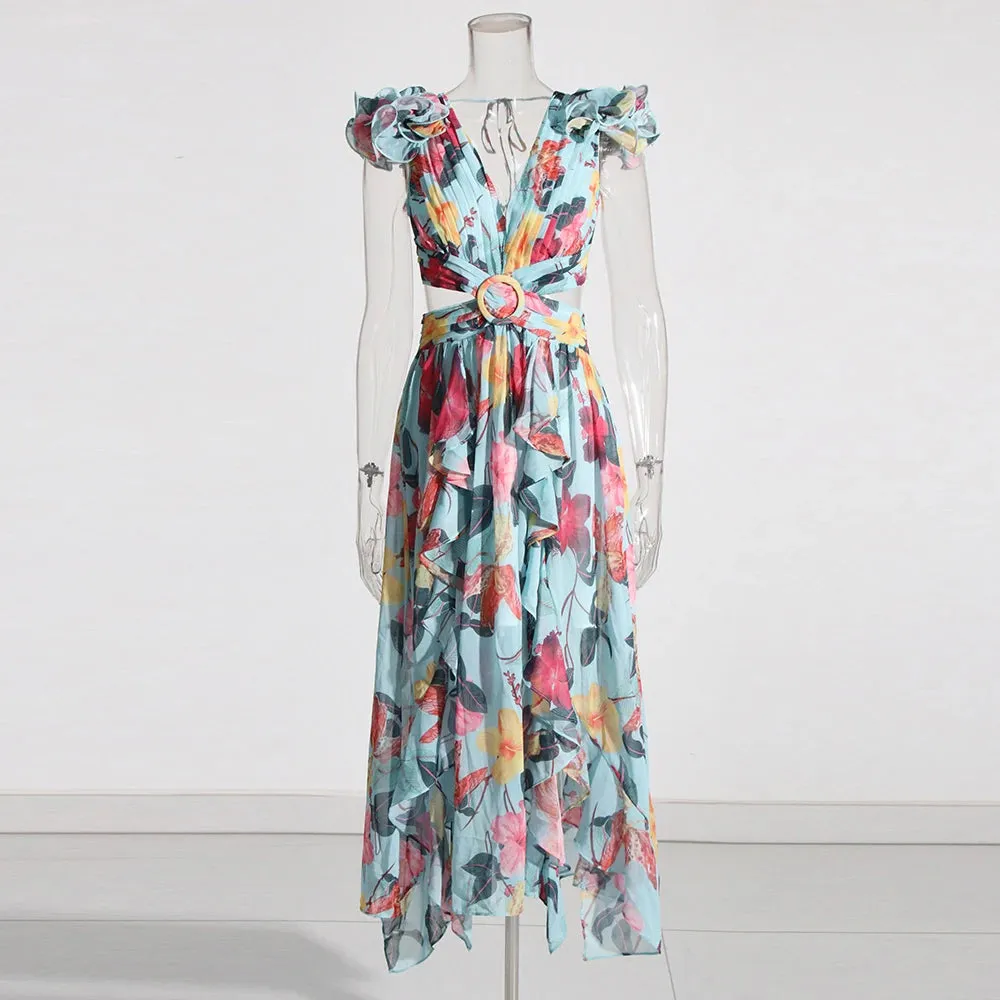 VGH Hit Color Printing Hollow Out Dresses For Women V Neck Sleeveless Backless High Waist Spliced Lace Up Dress Female Fashion
