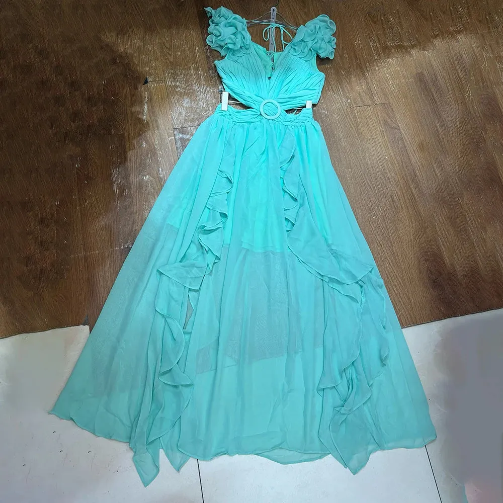 VGH Hit Color Printing Hollow Out Dresses For Women V Neck Sleeveless Backless High Waist Spliced Lace Up Dress Female Fashion