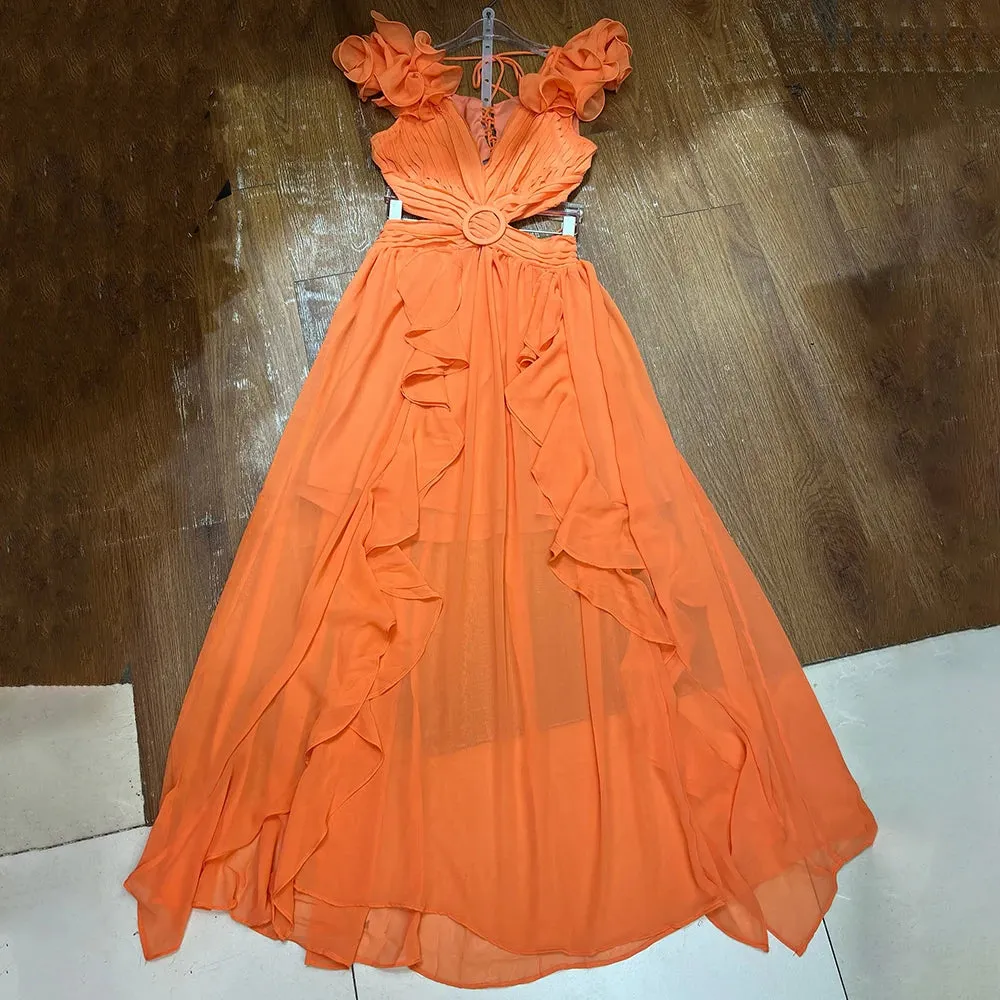 VGH Hit Color Printing Hollow Out Dresses For Women V Neck Sleeveless Backless High Waist Spliced Lace Up Dress Female Fashion