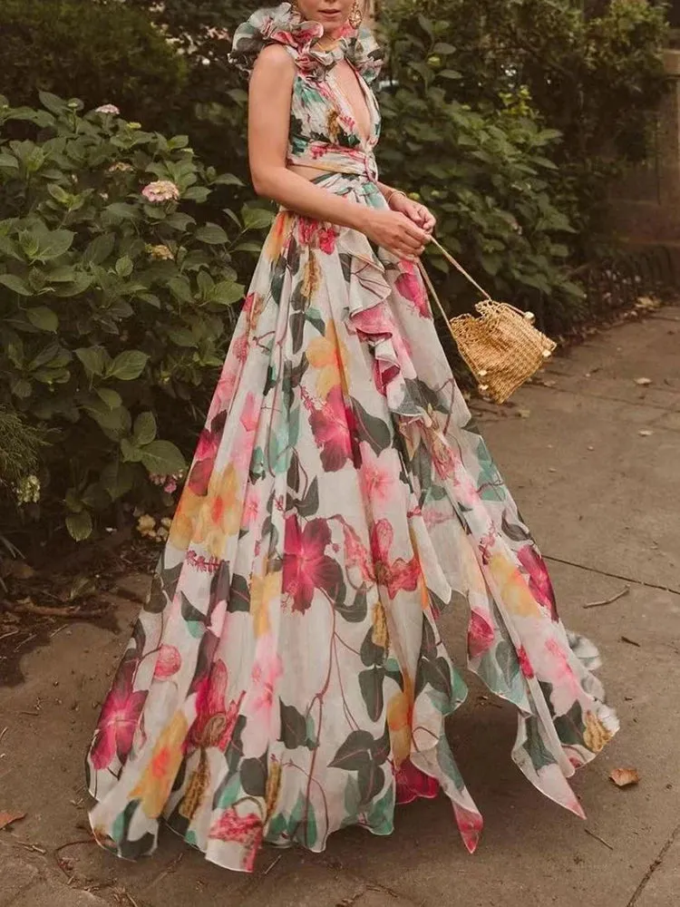 VGH Hit Color Printing Hollow Out Dresses For Women V Neck Sleeveless Backless High Waist Spliced Lace Up Dress Female Fashion