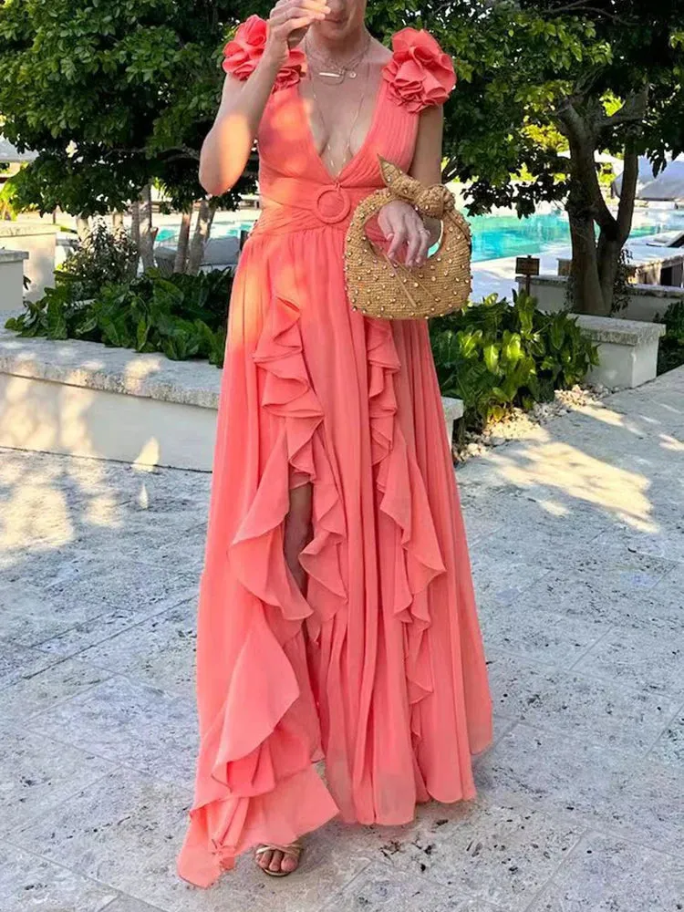 VGH Hit Color Printing Hollow Out Dresses For Women V Neck Sleeveless Backless High Waist Spliced Lace Up Dress Female Fashion