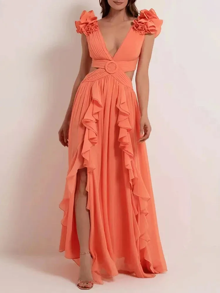 VGH Hit Color Printing Hollow Out Dresses For Women V Neck Sleeveless Backless High Waist Spliced Lace Up Dress Female Fashion