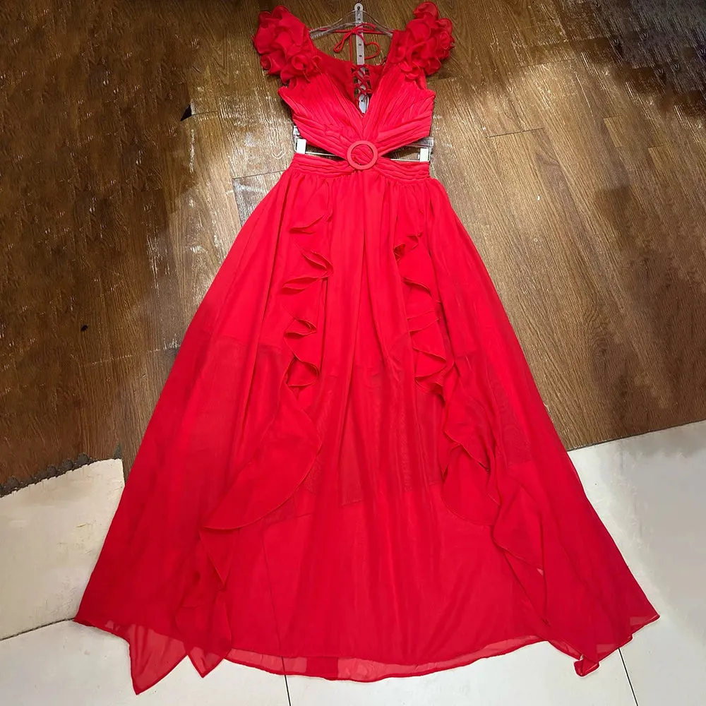 VGH Hit Color Printing Hollow Out Dresses For Women V Neck Sleeveless Backless High Waist Spliced Lace Up Dress Female Fashion