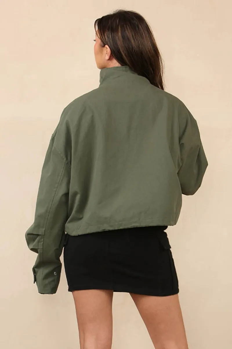 Vintage Street Stand Collar Flap Pocket Zip-Up Cropped Jacket