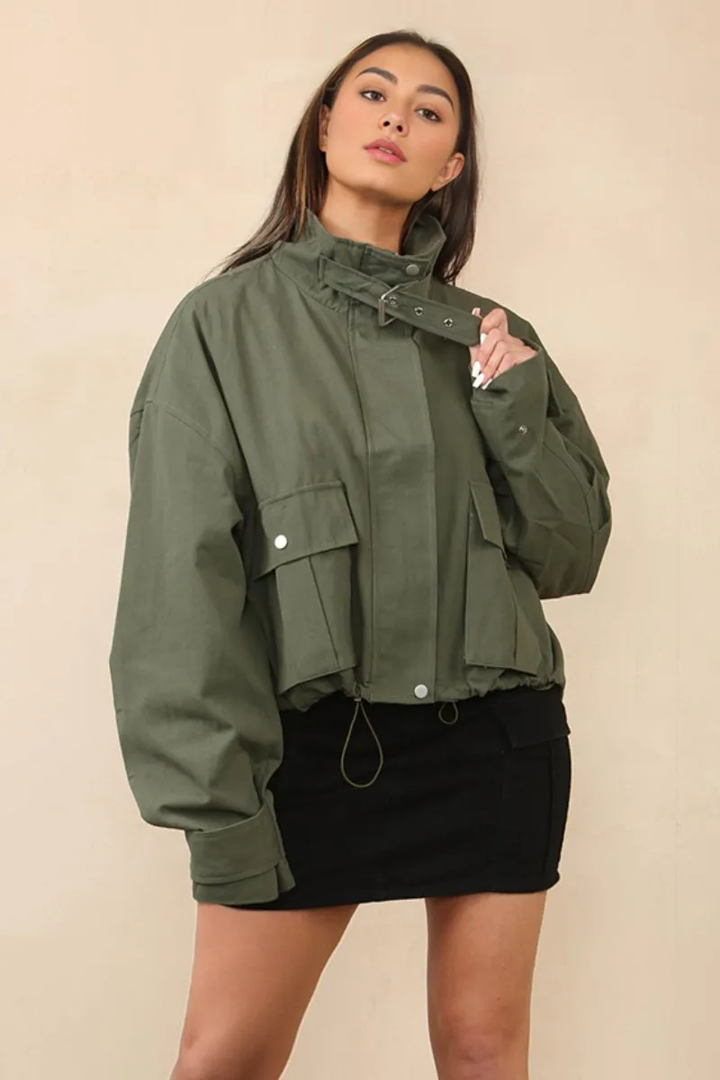 Vintage Street Stand Collar Flap Pocket Zip-Up Cropped Jacket