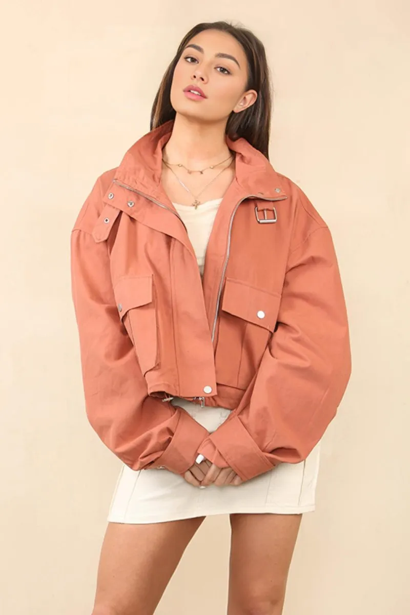 Vintage Street Stand Collar Flap Pocket Zip-Up Cropped Jacket