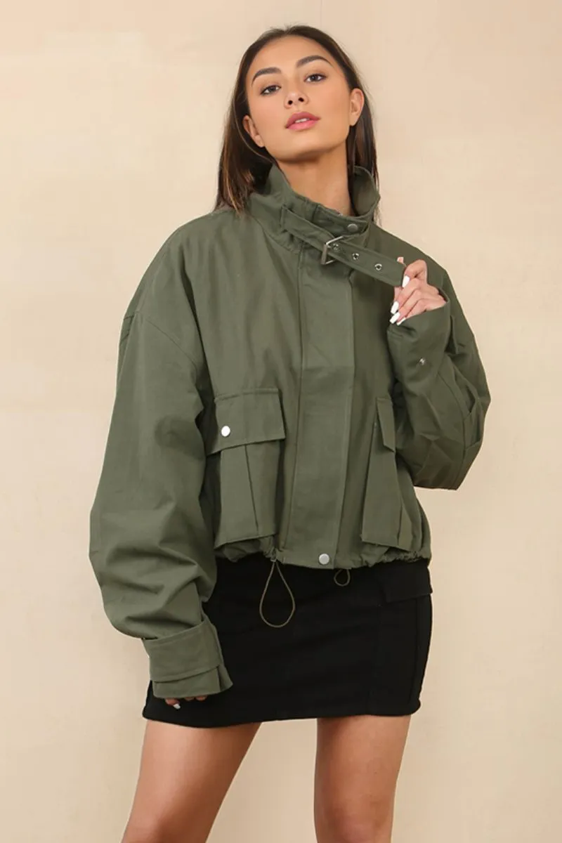 Vintage Street Stand Collar Flap Pocket Zip-Up Cropped Jacket